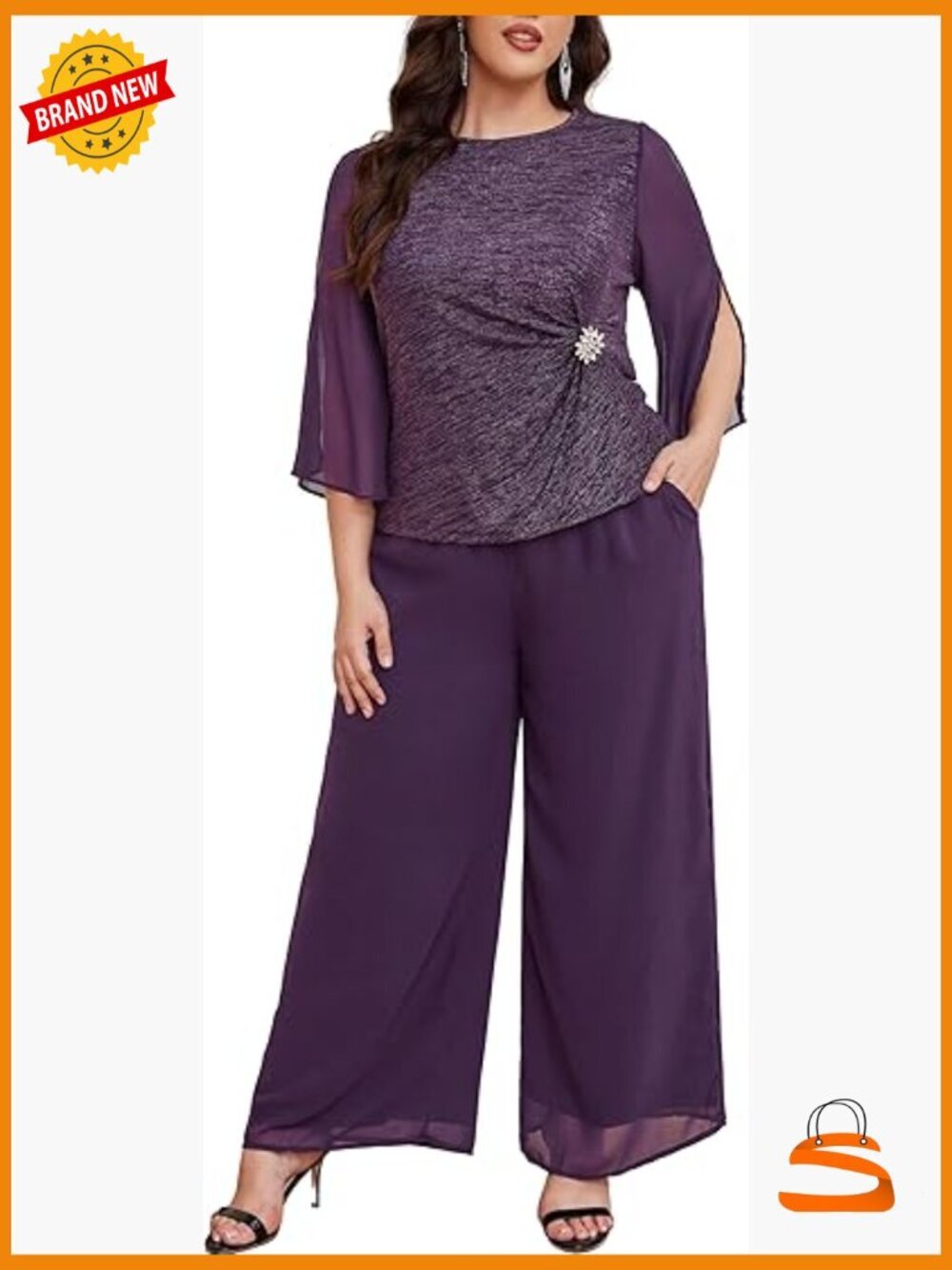 Plus Size Dressy Pant Suit Set with Pockets Cape Sleeves Formal Wedding Guest